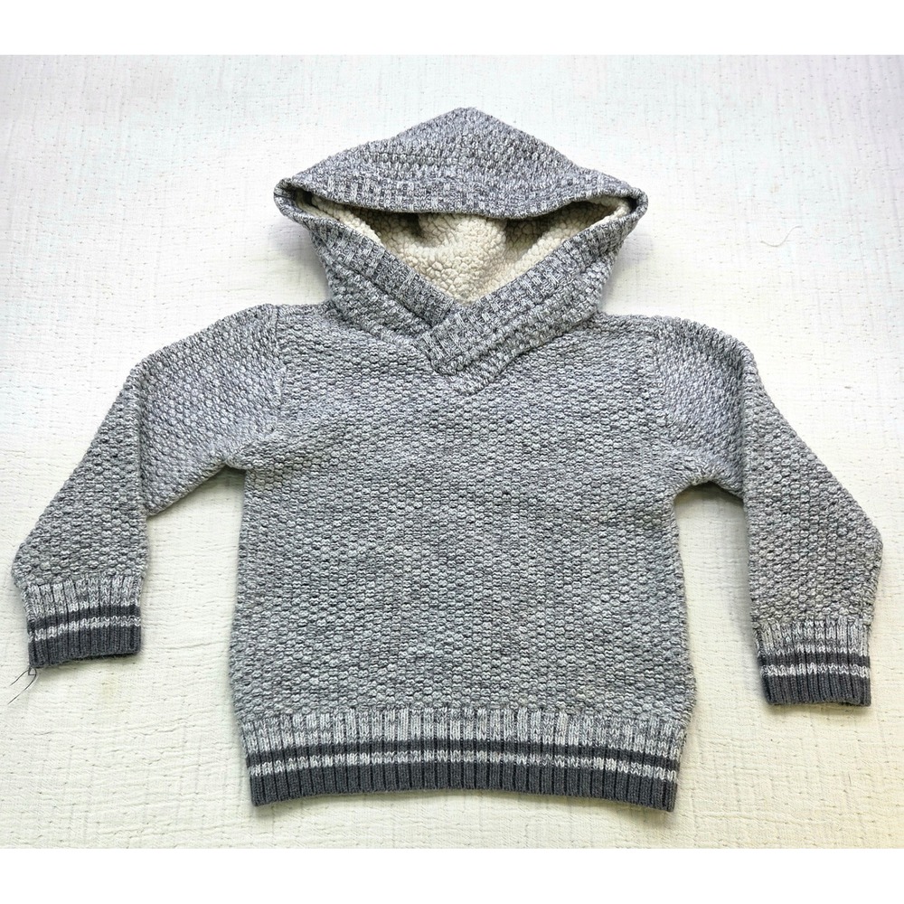Cat & Jack Boys Gray Popcorn Knit Sherpa Lined Hooded Sweater Size 4T